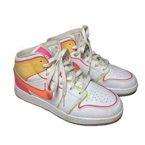 Nike Jordan 1‎ Sneakers White Neon Pink Mid SE GS Edge Glow Size 5.5 Y 7 Womens